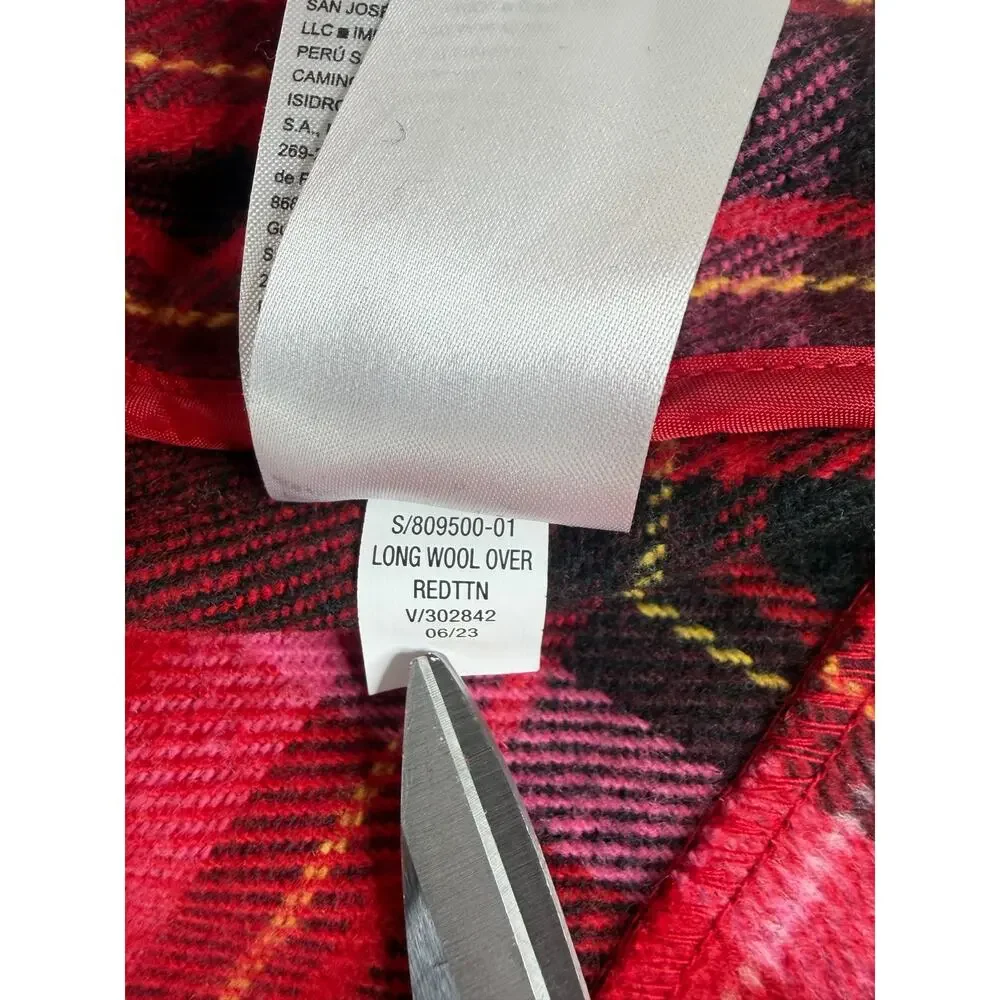 Old Navy Women's Long Tartan Red Plaid Overcoat Sz L Preppy Chic Travel Colorful